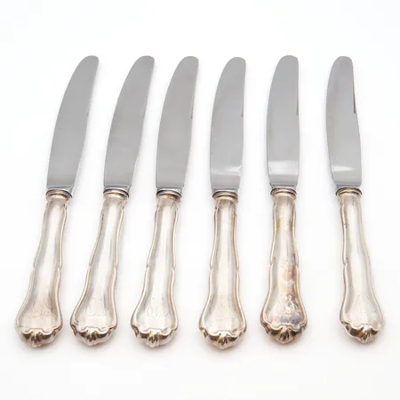 Kuusi ruokaveistä, Chippendale, pituus 210mm, kaiverrettuja, 830br,  Paino: 398,1 g