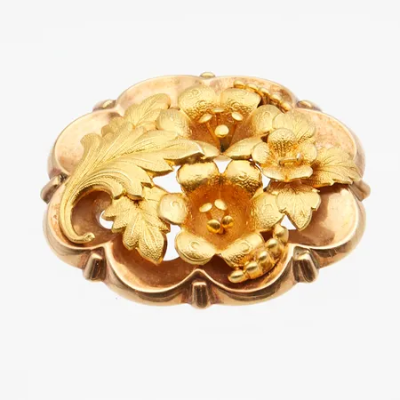 Rintakoru, mitat 45x39mm, neulassa pientä vääntymää, 585,  Paino: 14,4 g