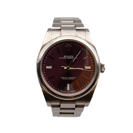 Teräsrannekello Rolex Oyster Perpetual, automaatti, rungon Ø 39mm, Cal. 3132, Ref. 114300, Sr. 26E3N541, väri Red Grape, rannekkeen pituus 180mm, ostokuitti 5.5.2020, 2 lisäpalaa, takuukortti ja laatikko.