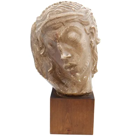 Kipsiveistos, signeerattu John Lundqvist, Kristuksen pää, puujalustalla, korkeus 42cm, ei lähetetä.