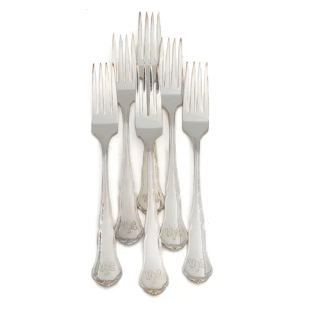 Kuusi ruokahaarukaa, Chippendale, pituus 180mm, kaiverrettu, 830,  Paino: 249,8 g