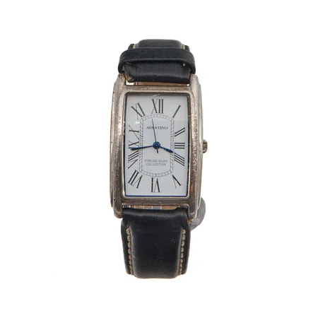Hopeinen rannekello Avantino, Stetling silver collection, taulun mitat 26x33mm, nahkaranneke, Quartz:paristo loppunut, 925br,