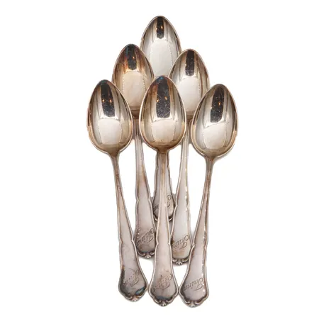 Kuusi kahvilusikkaa, Chippendale, pituus 126mm, kaiverrettu, 813,  Paino: 111,3 g