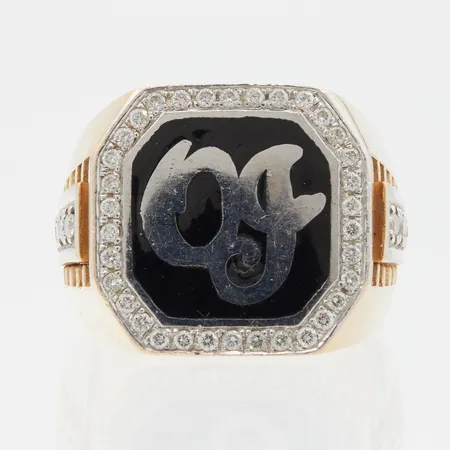 Emaloitu kantasormus timanteilla 12xn.0.03ct 34xn.0.005ct, koko 19¾, 585br, Paino: 31,6 g