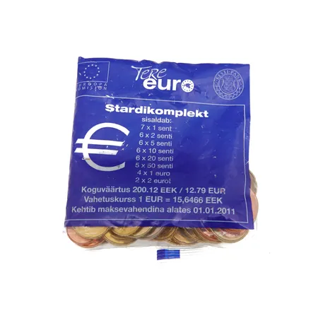 Rahapussi Viron ensimmäiset eurot, nimelliarvo 12,79 euroa