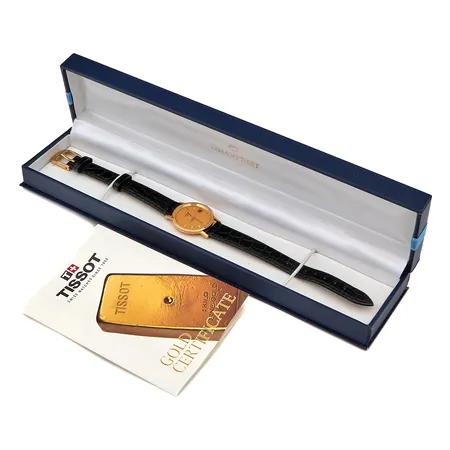 Kultarannekello, Tissot Goldrun, rungon Ø 24mm, kaiverrettu, quartz: paristo loppunut, nahkaranneke, laatikko ja takuukortti, 585br,