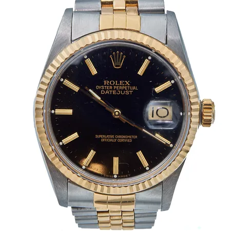 Teräsrannnekello Rolex, Datejust, rungon Ø 36mm, ref. 16013, ser. R372235, pleksilasissa kulumaa, ranneke 170mm, ranneke löystynyt, laatikko, takuupaperit,