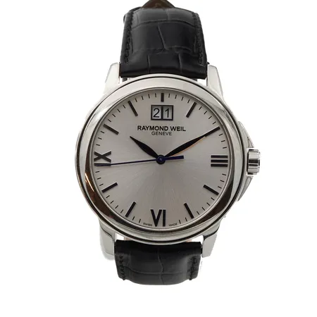 Teräsrannekello Raymond Weil, quartz:paristo loppunut, ref. 5476, rungon Ø 39mm, kaiverrettu, nahkaranneke, safiirilasi,