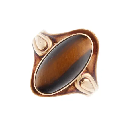 Tiikerinsilmä-sormus, koko18¼, korkeus 20mm, kaiverrettu, kiven pinta kulunut, 585br,  Paino: 3,2 g