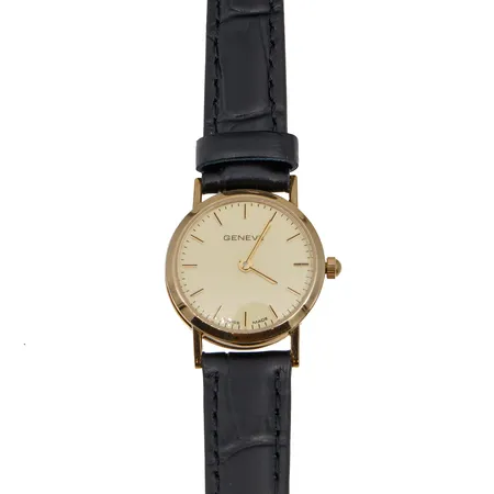 Kultarannekello Geneve, Ø 22mm, quartz, pituus 140-185mm, ISS-logo, kellon takakansi viallinen, säilytysrasia, 585br, Paino: 11,4 g
