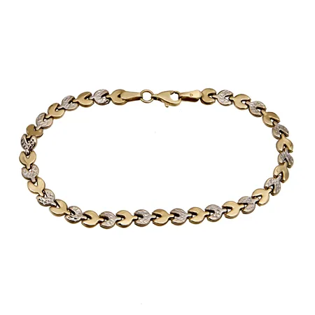 Viallinen ranneketju, pituus 19cm, leveys 5mm, kelta- ja valkokultaa 585,  Paino: 3,5 g