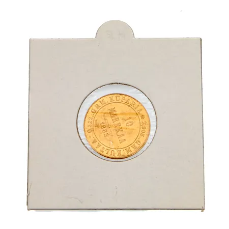 Kultaraha 10 markkaa, 1882, rahamestarin leima S (August Fredrik Soldan), 900,  Paino: 3,2 g