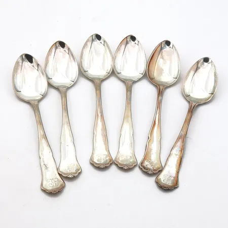 Kuusi kahvilusikkaa, Chippendale, kaiverrettu, pituus 117mm, 830, Paino: 78,4 g