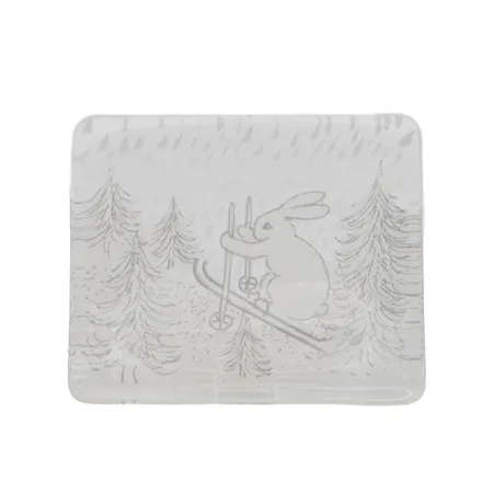 Lasikortti, Iittala, Pupu hiihtää, design Heljä-Liukko Sundström, mitat 79x96mm,