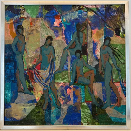 Öljyvärityö kankaalle Marjatta Sarasalo, "Kuiskaus", 75x75cm, signeeraus Marjatta Sarasalo 1996, puukehys. Ei lähetetä