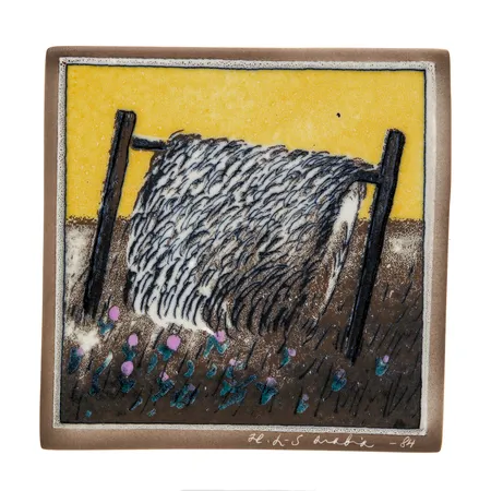 Seinälaatta, Arabia, Matto Tuulettuu, Heljä Liukko-Sundström, mitat 115x115mm