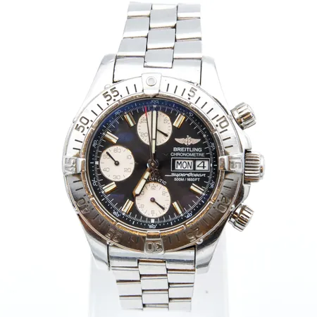 Teräsrannekello Breitling, Super Ocean, automaatti, 25-kivinen koneisto, 500m/1650FT, Ø 40mm, pituus 220mm, lisäpalat 20mm, A13340, sarjanumero 2578473, käytöstä aiheutunutta kulumaa, säilytysrasia, käyttöohje ja takuutodistus.