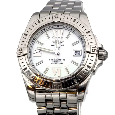 Teräsrannekello Breitling Cockpit Lady, A71356, sarjanumero 1109864, rungon Ø 32mm, rannekkeen pituus 170mm, quartz, ostettu Lindroosilta 2008, laatikko.