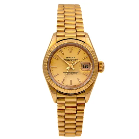 Kultarannekello, Rolex Oyster Perpetual Datejust, automaatti, 69178, sarjanumero L202405, rungon Ø 26mm, rannekkeen pituus 170mm, vuodelta 1989, rannekeessa vääntymiä ja päätypalat juotettu yhteen, lasissa naarmu, todistus, 750br, 