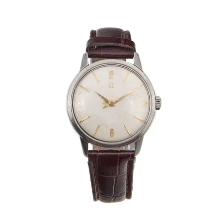Teräsrannekello Omega Seamaster, mekaaninen, rungon Ø35mm, cal 286, 17 jewels, kaiverrettu, käytön jälkiä, lasissa naarmuja, nahkaranneke ei alkuperäinen, rannekkeen pituus 175-210mm,