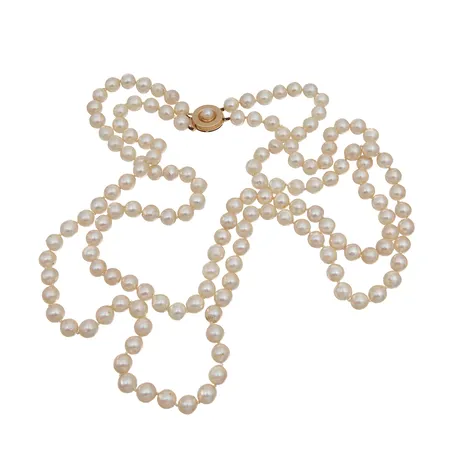 Helminauha kultalukolla, helmissä kulumaa, helmen Ø 7,6mm, pituus 64cm, 585br,  Paino: 99,3 g