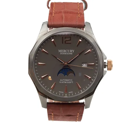 Teräsrannekello, Mercury Dodegone, rungon Ø 44mm, automaatti, ref. MEA480-BRL-3, alkuperäinen nahkaranneke, takuukortti 6/2024,