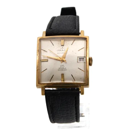 Kultarannekello Itraco, automatic, 25 jewels incablso, swiss made, taulu hapettunut, käytön jälkiä, 750br, rungon mitat 28,5x28,5mm, nahkarannekkeen pituus 195-235mm, ranneke ei alkuperäinen Paino: 32,5 g