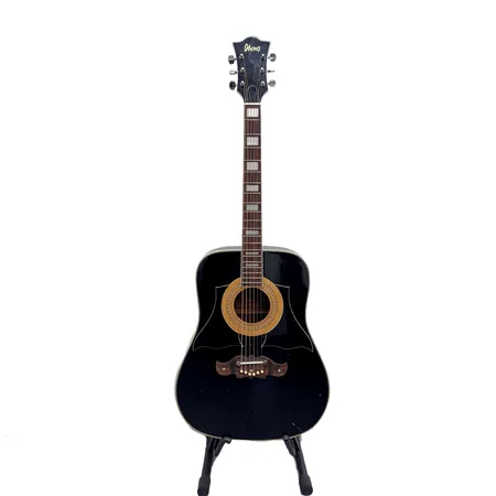 Akustinen kitara Ibanez Concord 752 "Black Beauty", Made in Japan, kaulassa vääntymää, käytöstä aiheutunutta kulumaa, viallinen keinonahkainen kitarapussi. Paino: 0 g