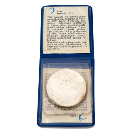 Juhlaraha, Suomi 1971 EMX Helsinki, nimellisarvo 10mk, 500, Paino: 24,3 g