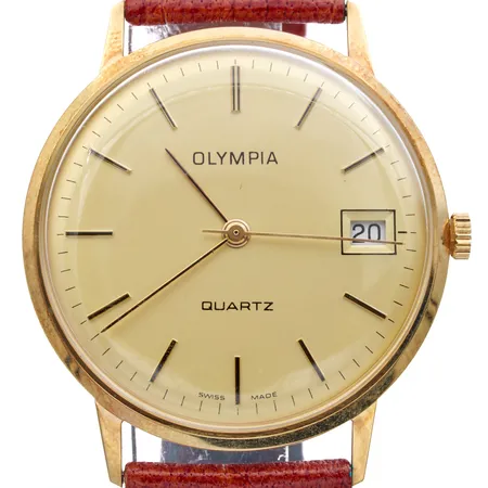 Kultarannekello Olympia, Ø 34mm, kaiverrettu, quartz; paristo loppunut, nahkaranneke, säilytysrasia, 585br, Paino: 26,9 g