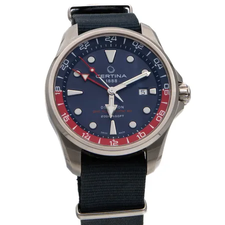 Teräsrannekello, Certina DS Action GMT Powermatic 80, automaatti, 200m/660ft, rungon Ø 43mm, kangasranneke, rannekkeen pituus 180-240mm, laatikko ja paperit