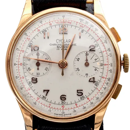 Kultarannekello Cyclar Chronographe Suisse, 17-kivinen, Ø 37mm, manuaalivetoinen, nahkaranneke, Leijona-laatikko, hyvä kuntoinen, 750br, Paino: 47,6 g