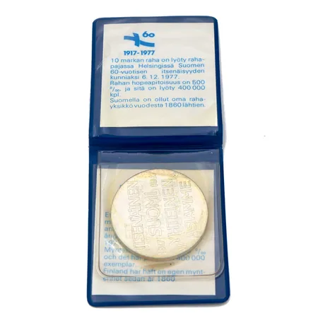 Juhlaraha, Itsenäinen Suomi 60 vuotta, nimellisarvo 10mk, 1917-1977, 500, Paino: 21,6 g