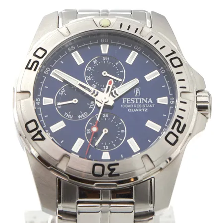 Teräsrannekello Festina, Quartz, 10 barm ref F20445, rungon Ø43mm, teräsrannekkene pituus 190mm, rannekkeen lisäpalat, viallinen laatikko