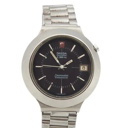 Teräsrannekello Omega Seamaster Chronometer Electronic f300Hz, Swiss Made, patteri loppunut, pientä käytön jälkeä, rungon Ø40.5mm, teräsrannekkeen pituus 180mm, laatikko