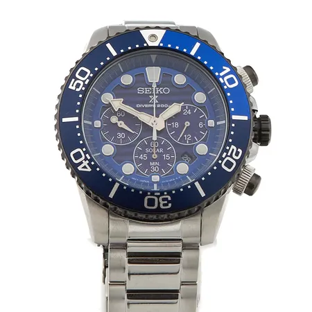 Teräsrannekello Seiko Prospex X Solar Save the Ocean Diver´s 200m, quartz, ref: SSC675P1 / V175-0AD0 , rungon Ø44mm, teräsrannekkeen pituus 215mm, jatkopalat, laatikko ja paperit