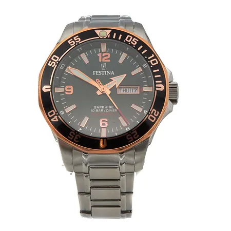 Teräsrannekello Festina Diver 10bar sapphire, automaatti, ref: F20478/4, rungon Ø43mm, teräsrannekkeen pituus 200mm, rannekkeen jatkopalat, laatikko
