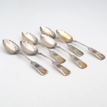 Kuusi jälkiruokalusikkaa Musla, pituus 147mm, kaiverrettuja, Kultakeskus, 813, Paino: 109,3 g