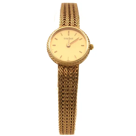 Kultarannekello Tissot, taulun Ø 18mm, quartz: paristo loppunut, takannessa kaiverrus, rannekkeen pituus 170mm, 585br,  Paino: 22 g