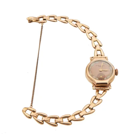 Kultarannekello Record watch co geneve, mekaaninen, Ø 23mm, hihnan pituus 180mm, 585br,  Paino: 18,6 g
