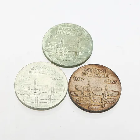 Kolme juhlarahaa, 10 markkaa, Itsenäinen Suomi 50 vuotta 1917 -1967, Suomi, 900, Paino: 72,2 g