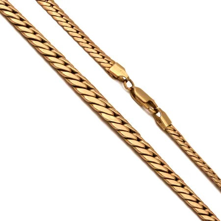 Litteä panssarikaulaketju, pituus 44cm, leveys 5-7,5mm, pieniä käytön jälkiä, 585, Paino: 16,2 g