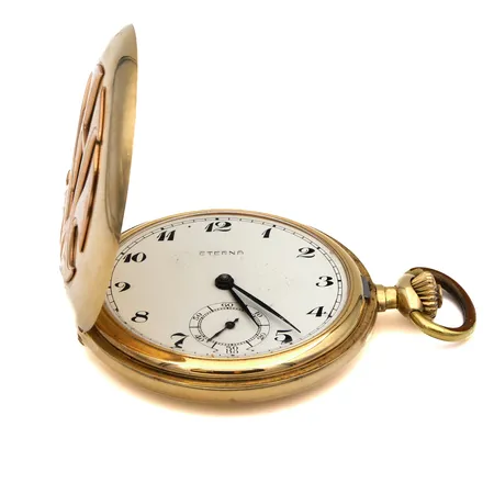 Kultataskukello Eterna, kaiverrettu, Ø 50mm, manuaalivetoinen, välikuori kultaa, koneiston numero 1871 151, käytön jälkiä, 585br, Paino: 90 g