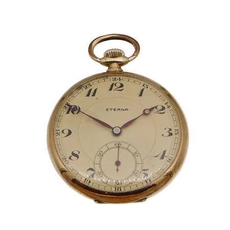 Kultataskukello Eterna, manuaali; ei käy, kaiverrettu, Ø 46,5mm, S:N 2664086, välikuori metallia, 585br,  Paino: 59,4 g