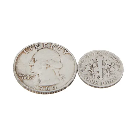 Kaksi hopearahaa, one dime ja ¼ Dollaria, USA, 1953 ja 1960, 900, Paino: 8,8 g