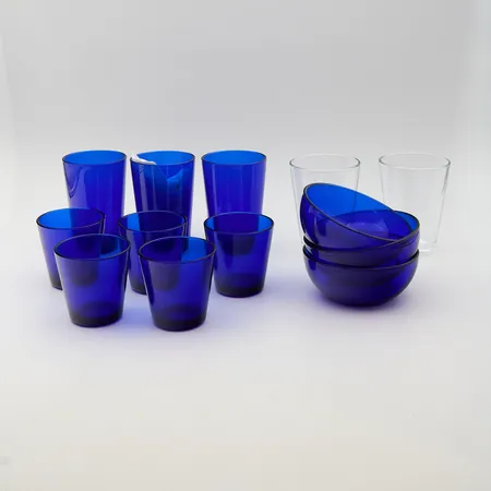 10 juomalasia, Iittala, Kartio, Kaj Franck, koboltinsininen ja kirkas, 21/40cl, kolme jälkiruokakippoa, iittala, kartio Kaj Franck, koboltinsininen Ei lähetetä