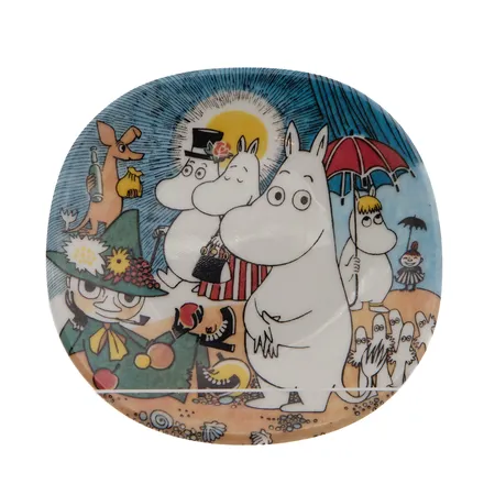 Seinälautanen Arabia muumi, Sunnuntaikävely, Tove Jansson ja Tove Slotte-Elevant, kiinnitysnaru puuttuu, Ø 12cm, vuosi, 1999-2005.