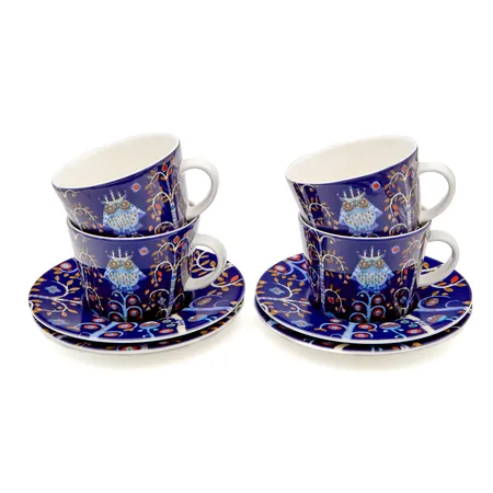 Neljä kahvikuppia ja asettia Iittala, Taika, 0,3 litraa, asetti Ø 15cm, pieniä käytön jälkiä, sininen.