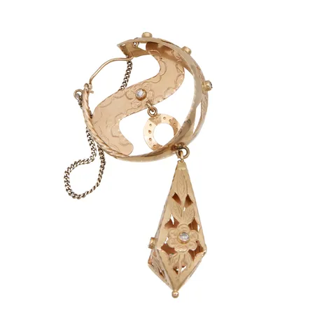 Kivikehäkorvakoru punnuksella, varmuusketju 925 hopeaa, kehän Ø 46mm, korkeus ilman ketjua 10cm, 585br,  Paino: 21 g