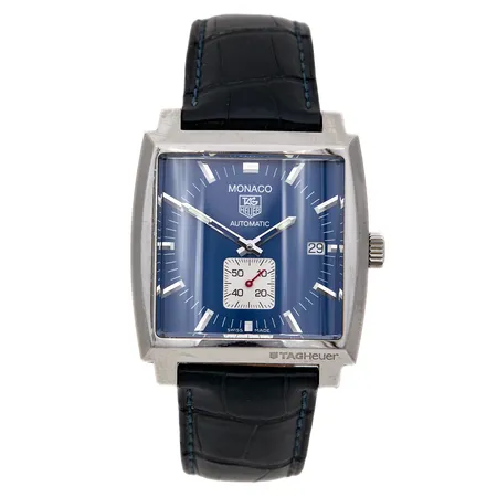 Teräsrannekello, Tag Heuer Monaco, automaatti, ref. WW2111, sr. LE9719, Calibre 6, takalasissa pientä naarmua, rungossa naarmuja, rungon mitat 36x37mm, nahkarannekkeen pituus 145-190mm, ei laatikkoa